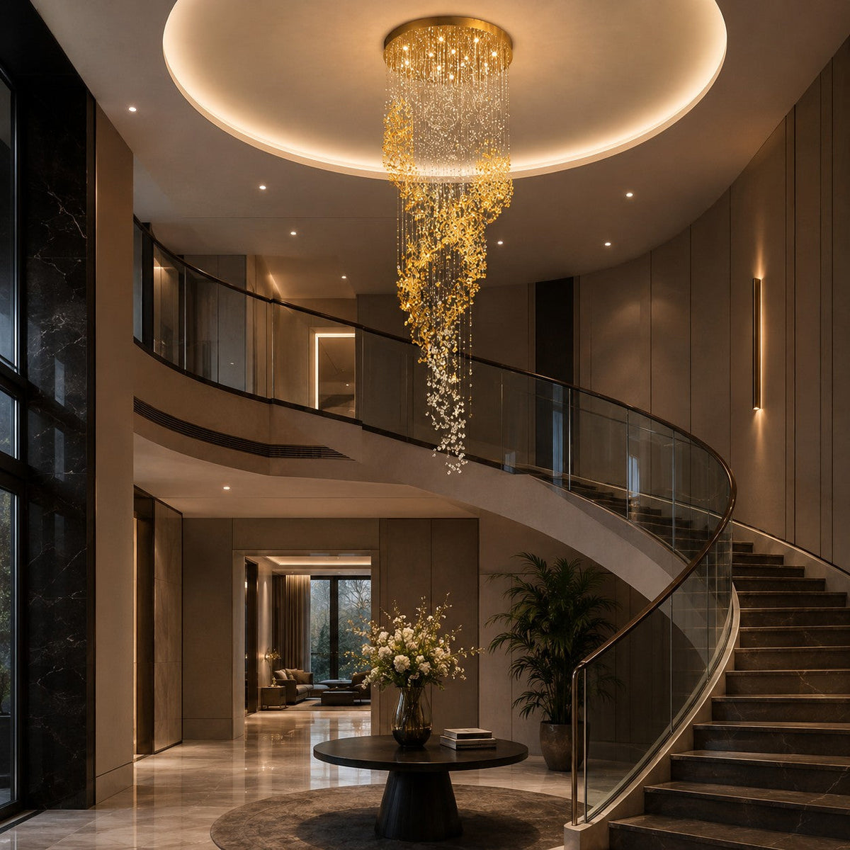 Gold Metal Chandelier Clear Amber Glass Hanging LED