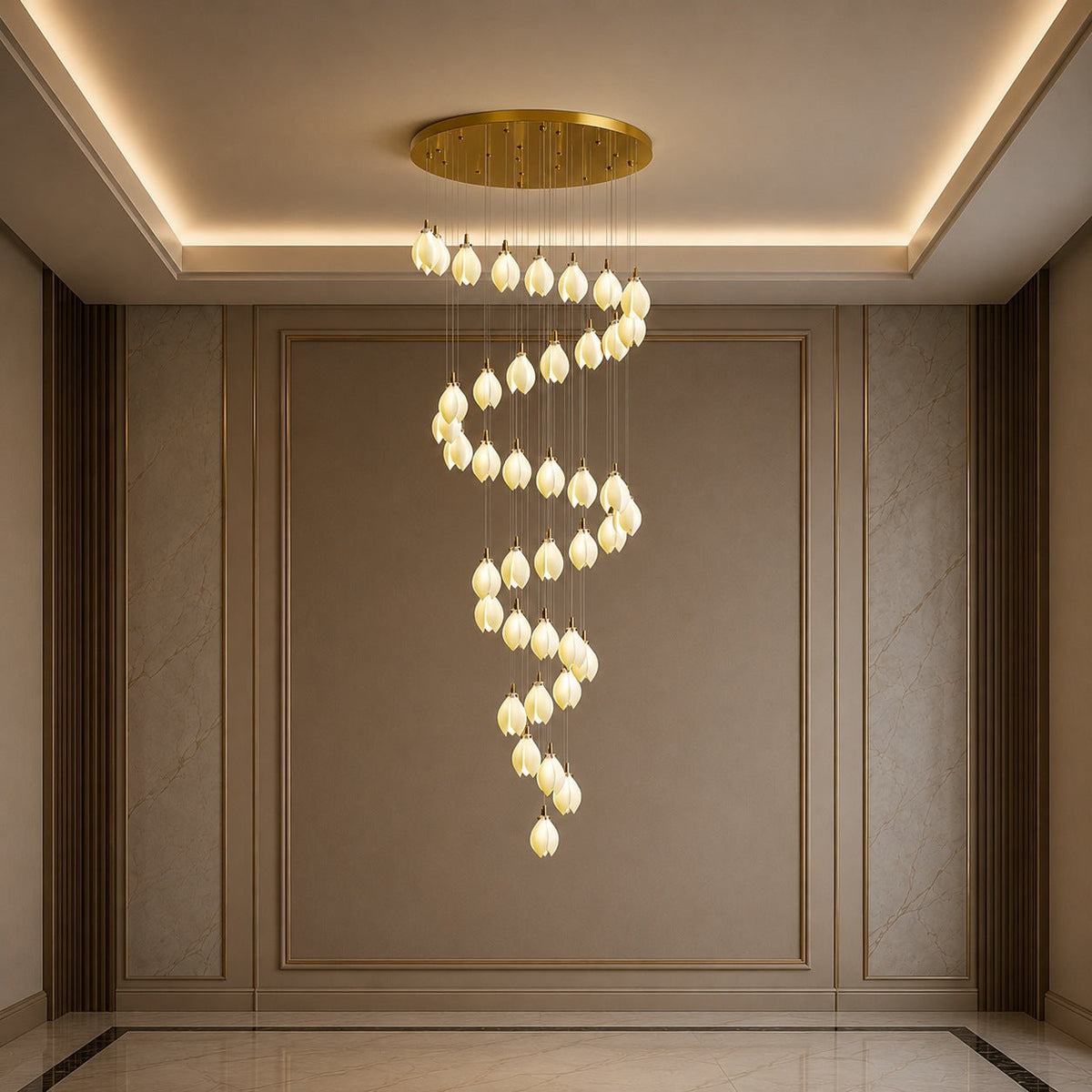 Ceramic Petal Chandelier Gold 7-64 Light LED