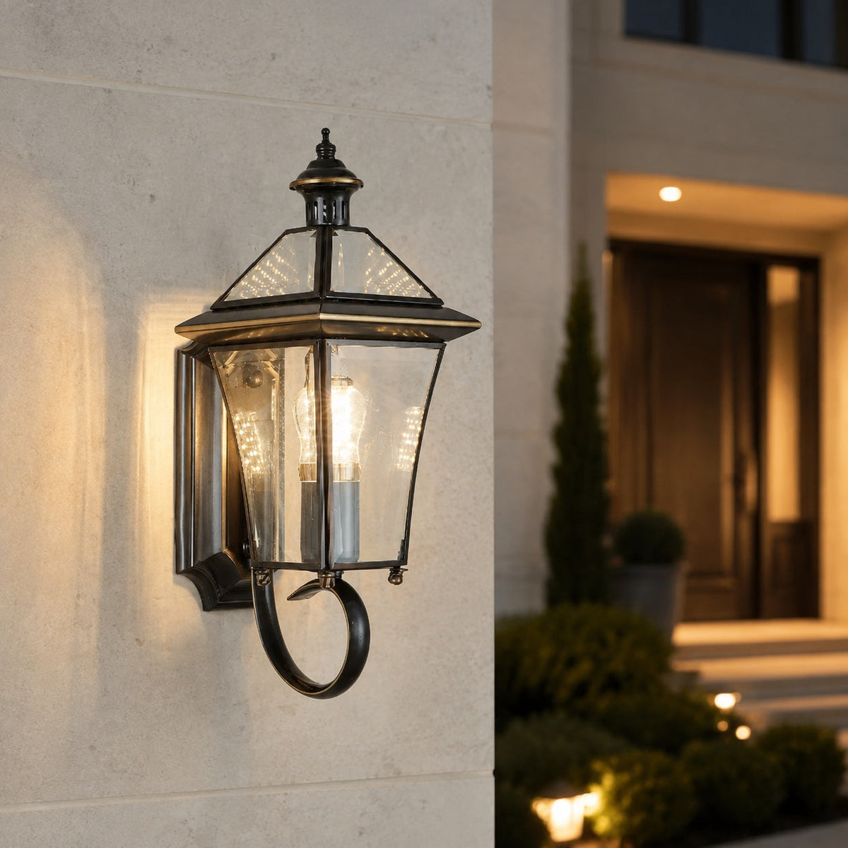 Modern Outdoor Wall Light Waterproof IP65 Brass Clear Glass Hardwired Garden Lantern