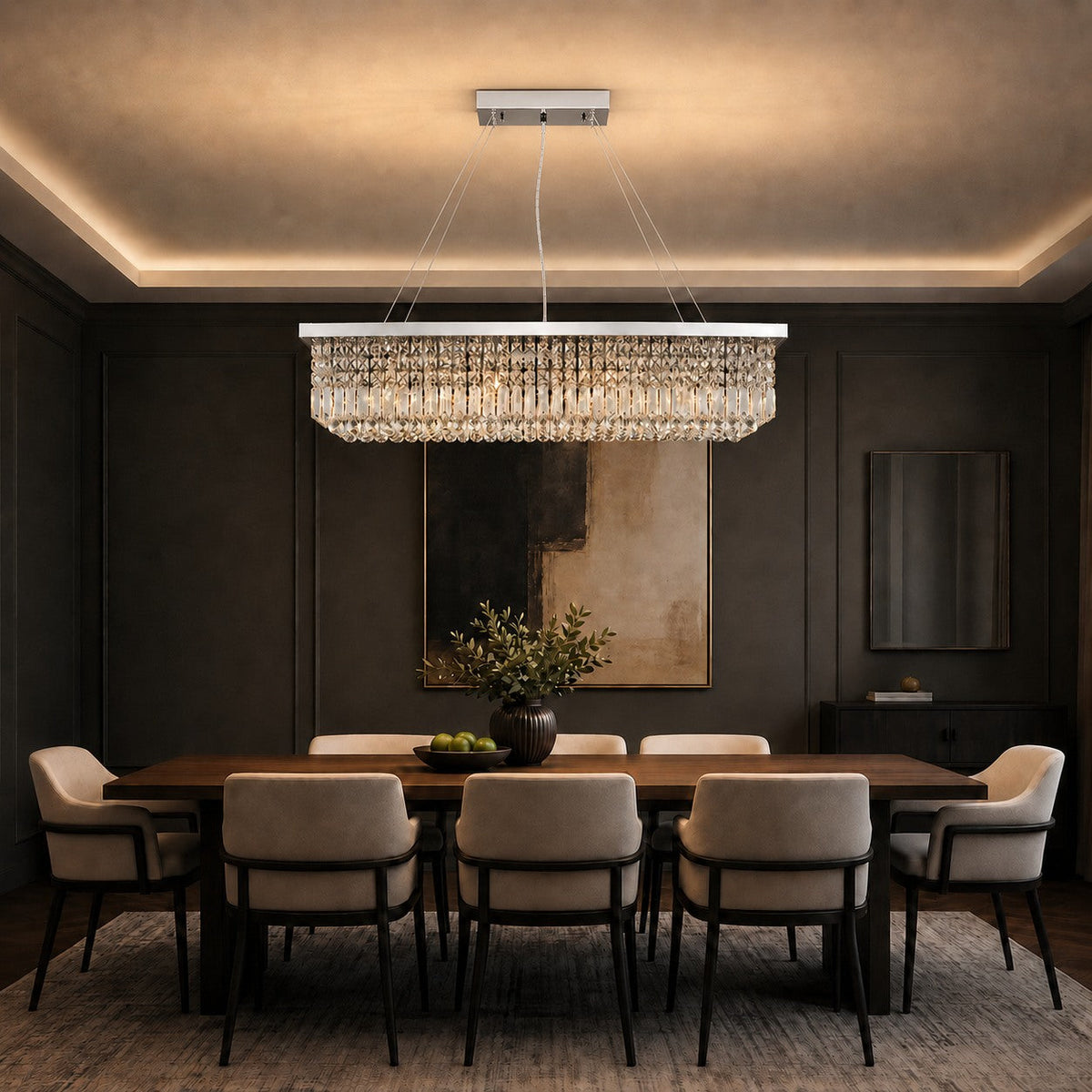 Rectangular K9 Crystal Chandelier Steel 6-10 Light LED