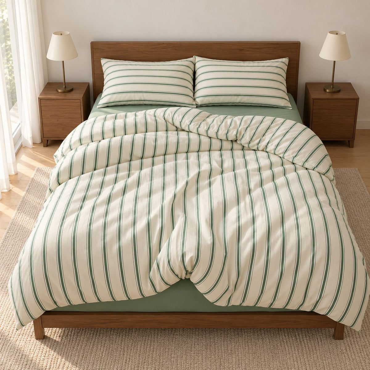 Sage Green Striped Bedding Set with Duvet Cover and Flat Sheet
