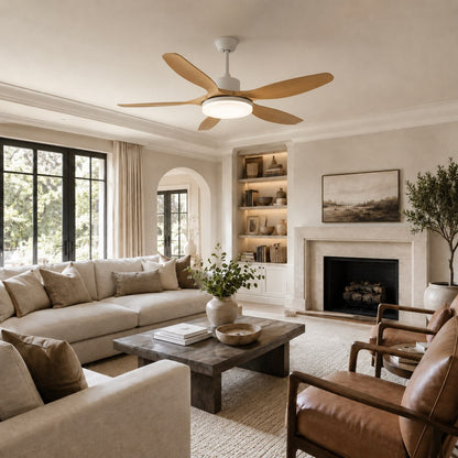 Five Blade Wood Grain DC Ceiling Fan with LED Light Tri-Colour 122 or 132 cm