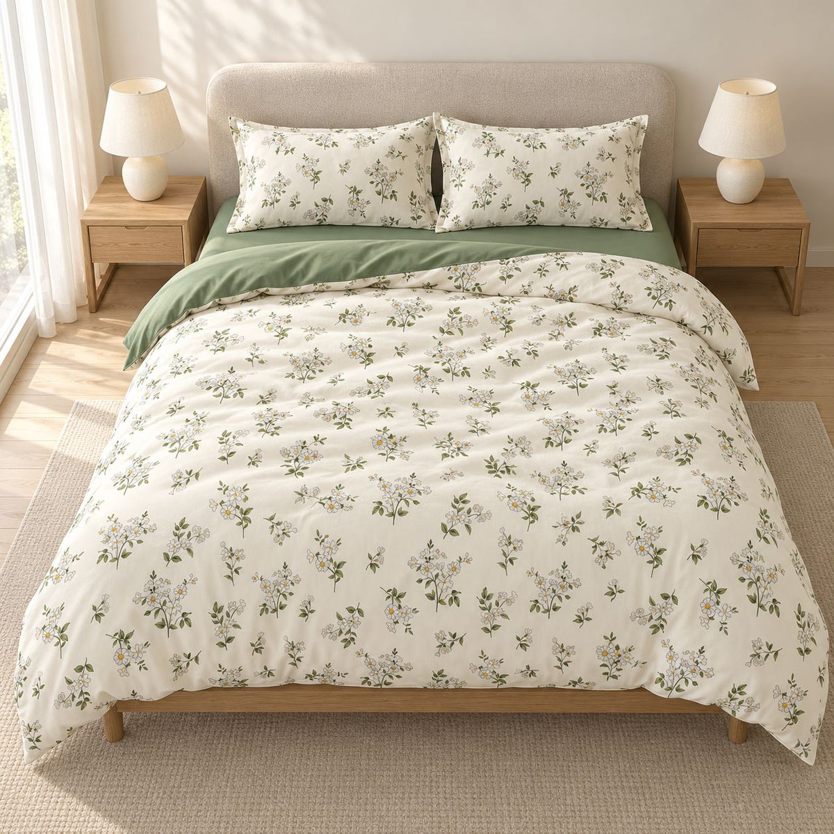 Chamomile Floral Duvet Cover Set Vintage Ivory and Sage Bedding