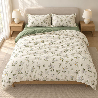 Chamomile Floral Duvet Cover Set Vintage Ivory and Sage Bedding