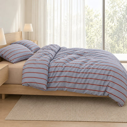Light Blue and Red Stripe Bedding Set with Flat Sheet