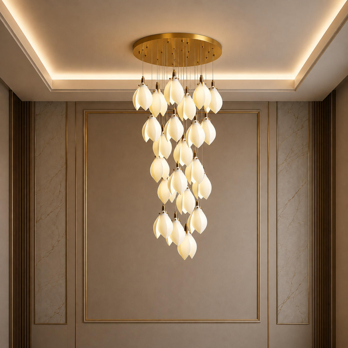 Ceramic Petal Chandelier Gold 7-64 Light LED