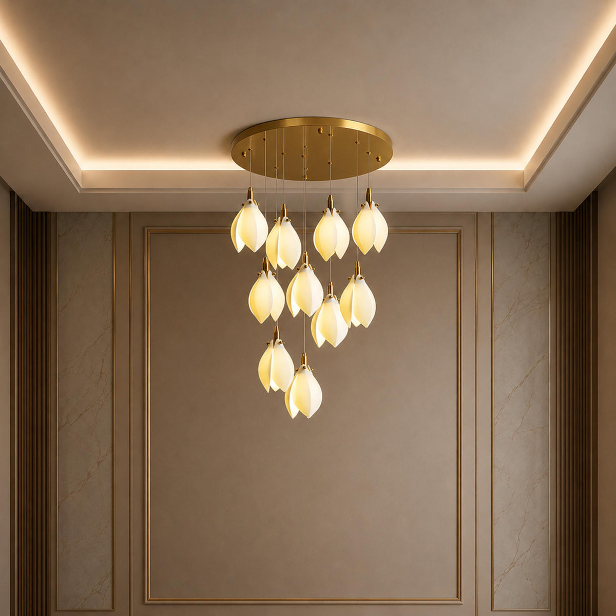 Ceramic Petal Chandelier Gold 7-64 Light LED
