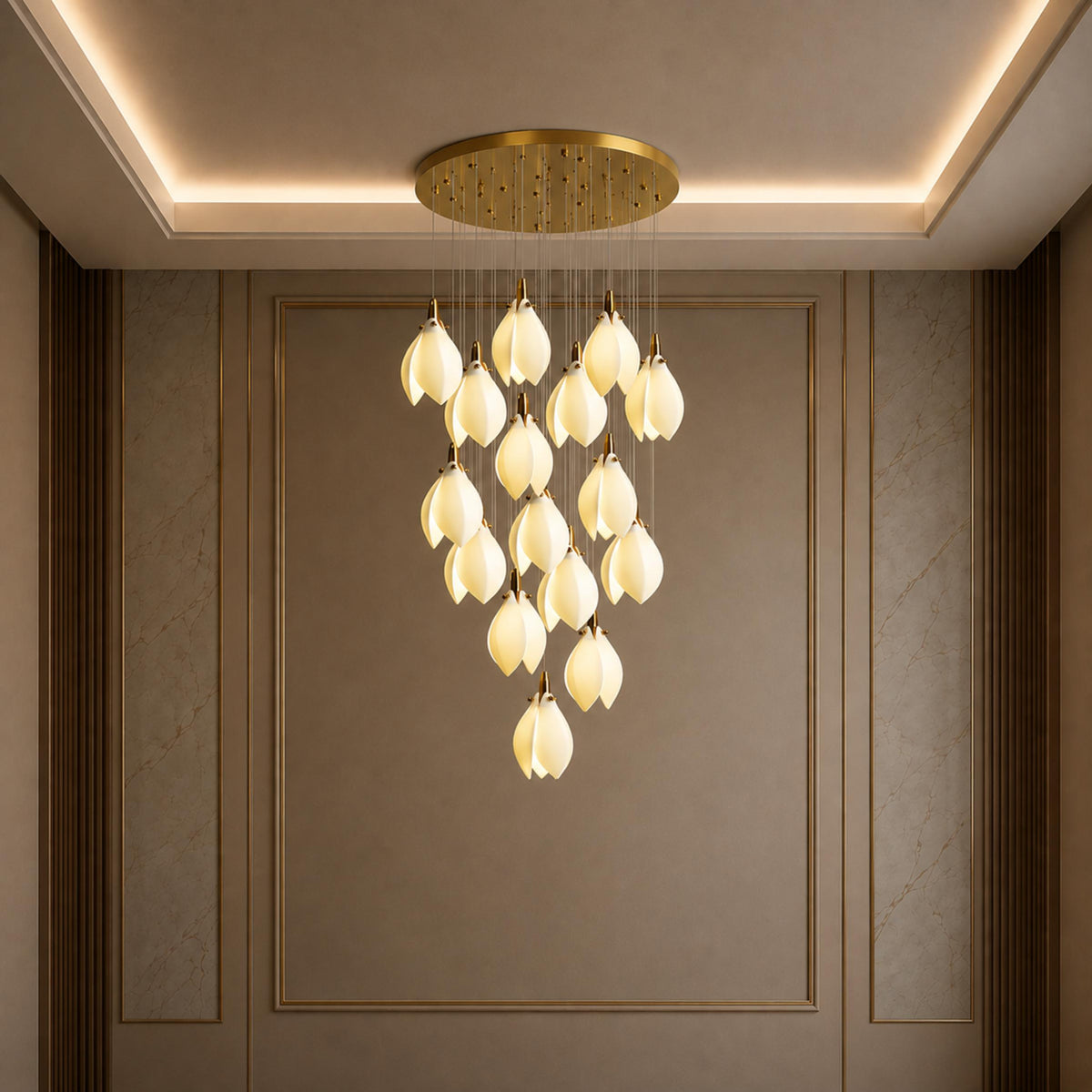 Ceramic Petal Chandelier Gold 7-64 Light LED