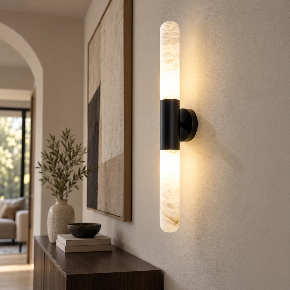 Alabaster Wall Light Brushed Metal Warm LED Sconce