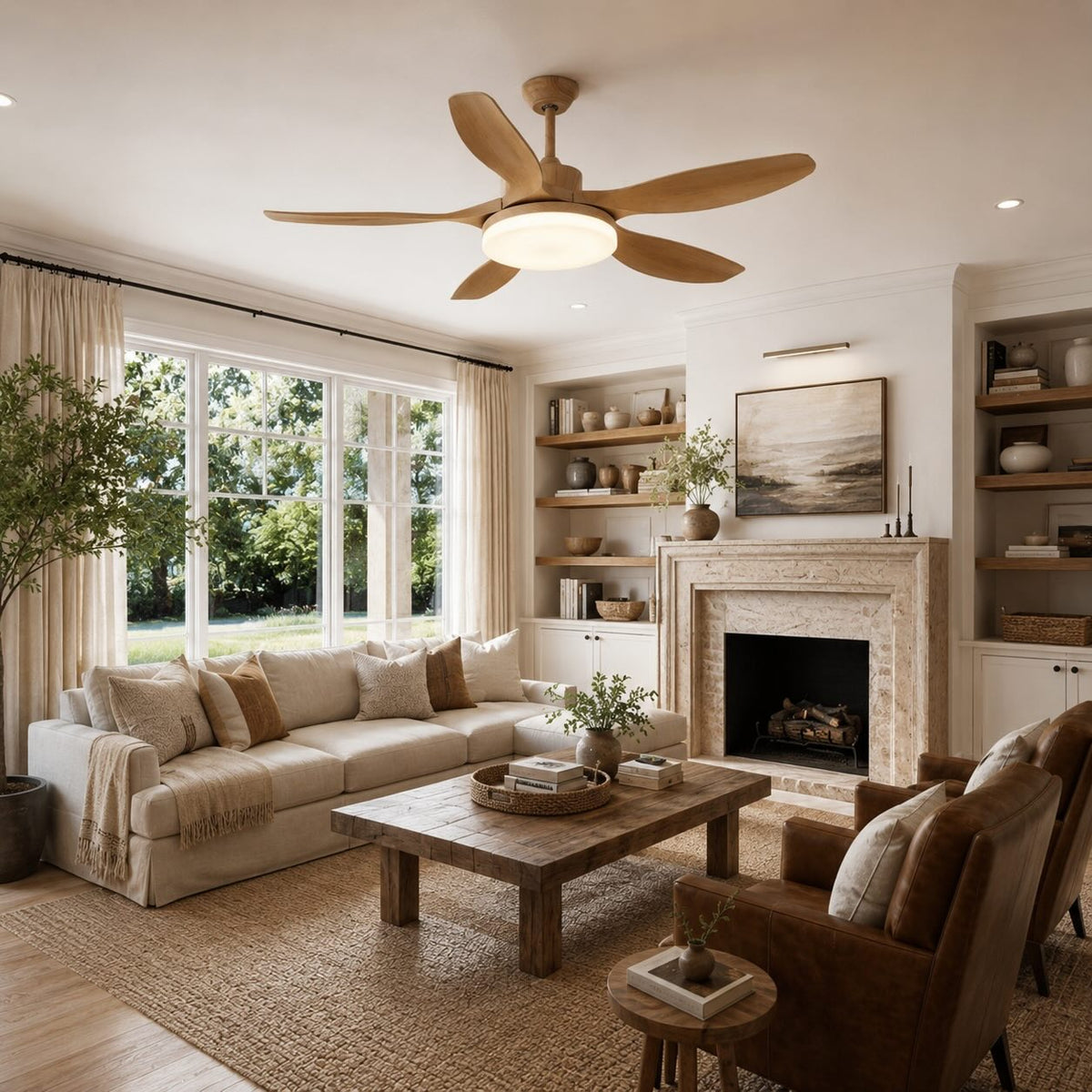 Five Blade Wood Grain DC Ceiling Fan with LED Light Tri-Colour 122 or 132 cm