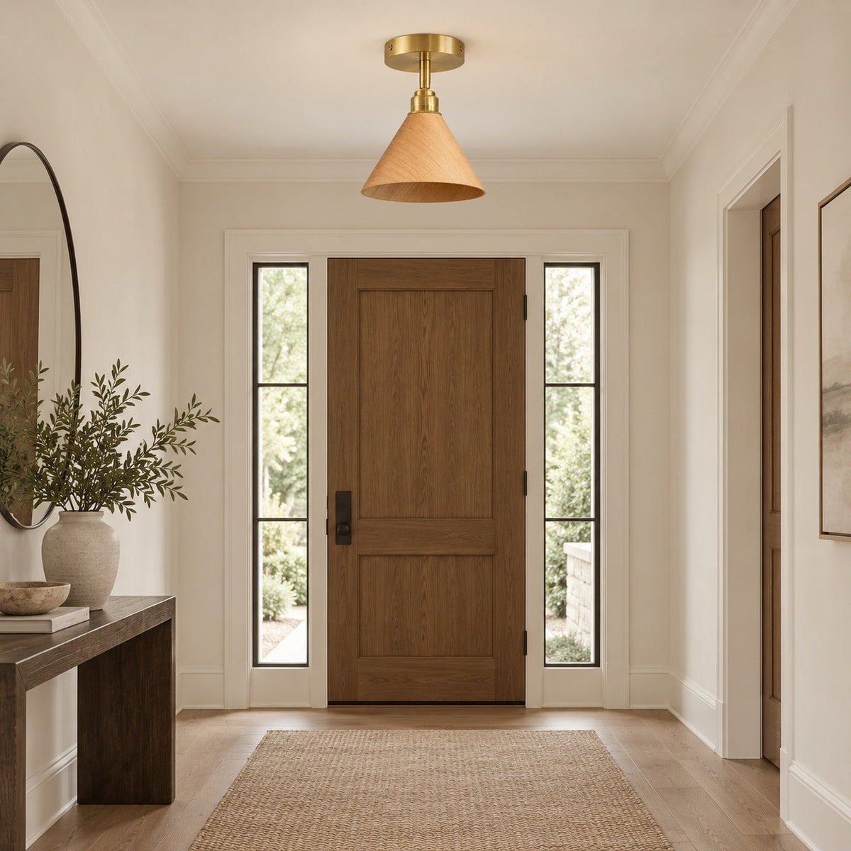 Walnut Wood Semi-Flush Ceiling Light Brushed Brass LED E27 Mid-Century