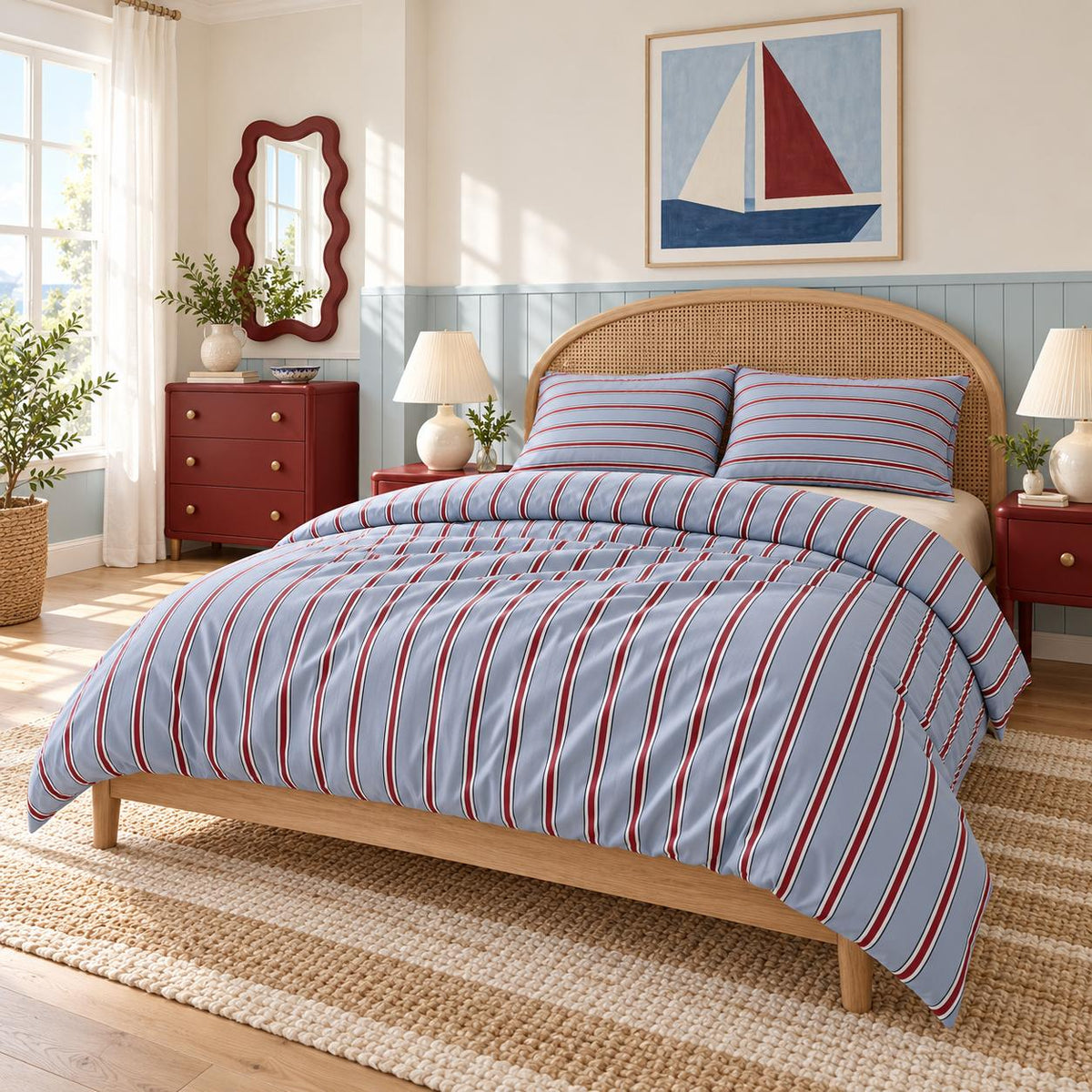 Light Blue and Red Stripe Bedding Set with Flat Sheet