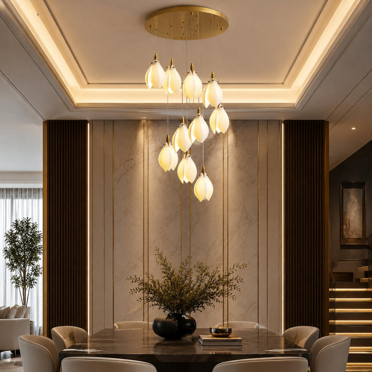 Ceramic Petal Chandelier Gold 7-64 Light LED