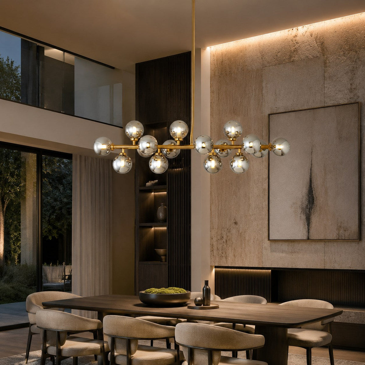 Linear Gold Frosted Glass Chandelier 16-Light LED