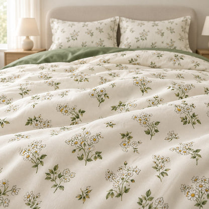 Chamomile Floral Duvet Cover Set Vintage Ivory and Sage Bedding