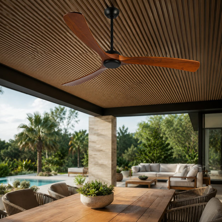 Walnut Wood Blade Outdoor Ceiling Fan IP65 Waterproof 6 Speed 105 to 152 cm
