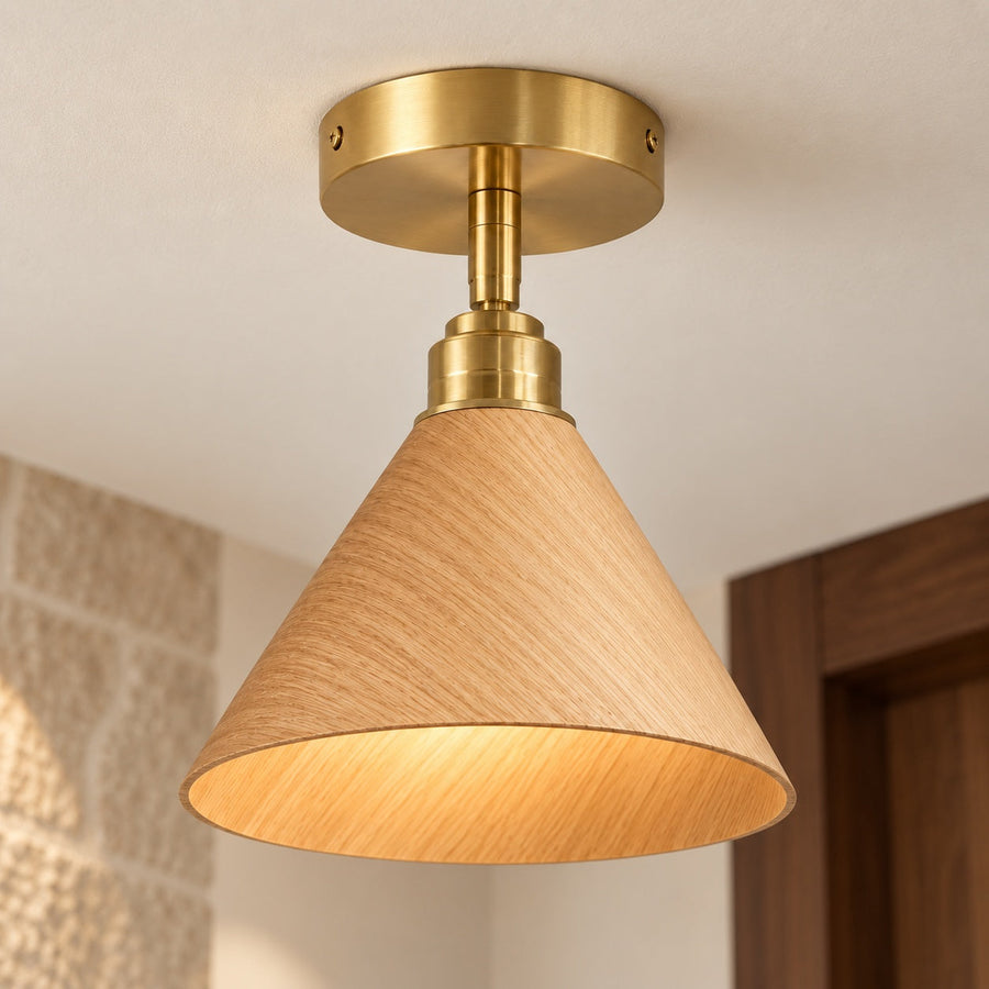 Walnut Wood Semi-Flush Ceiling Light Brushed Brass LED E27 Mid-Century