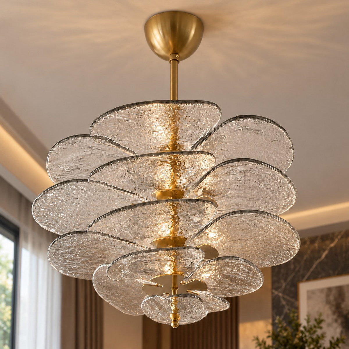 Layered Glass Leaf Chandelier Vintage Hanging LED