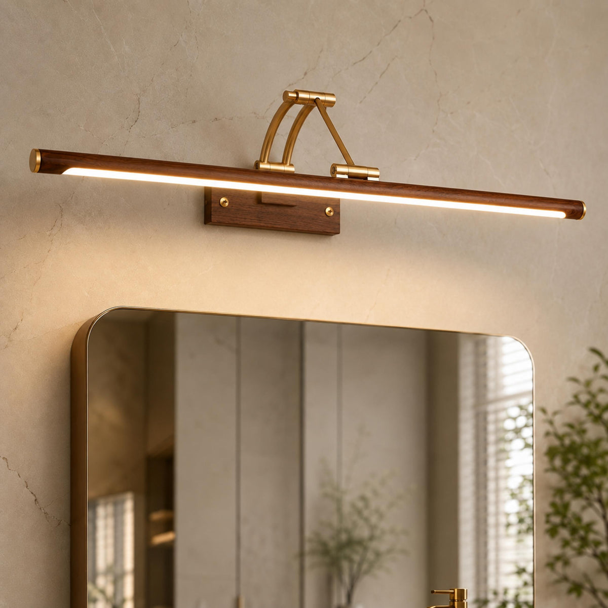 Walnut Linear Adjustable LED Wall Light Brass Arm 55cm & 70cm