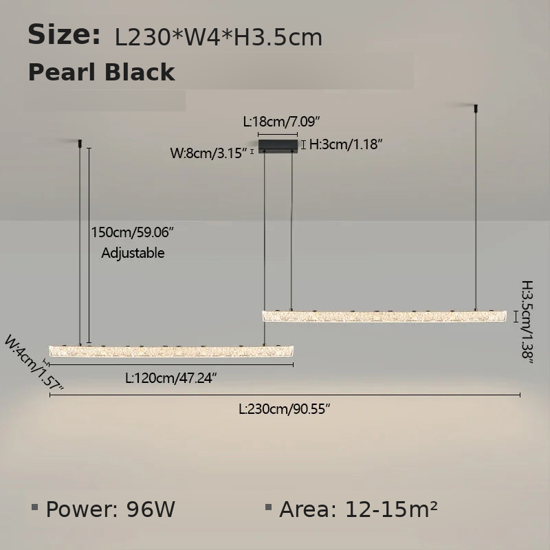 Dimensions - Pearl Black L230cm B: L230 x W4 x H3.5cm, 96W, suits 12-15 sqm