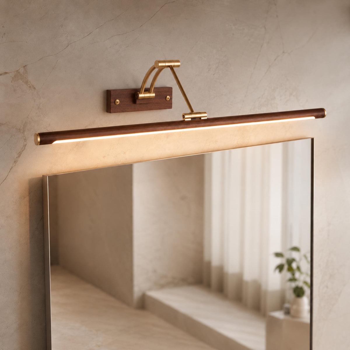 Walnut Linear Adjustable LED Wall Light Brass Arm 55cm & 70cm