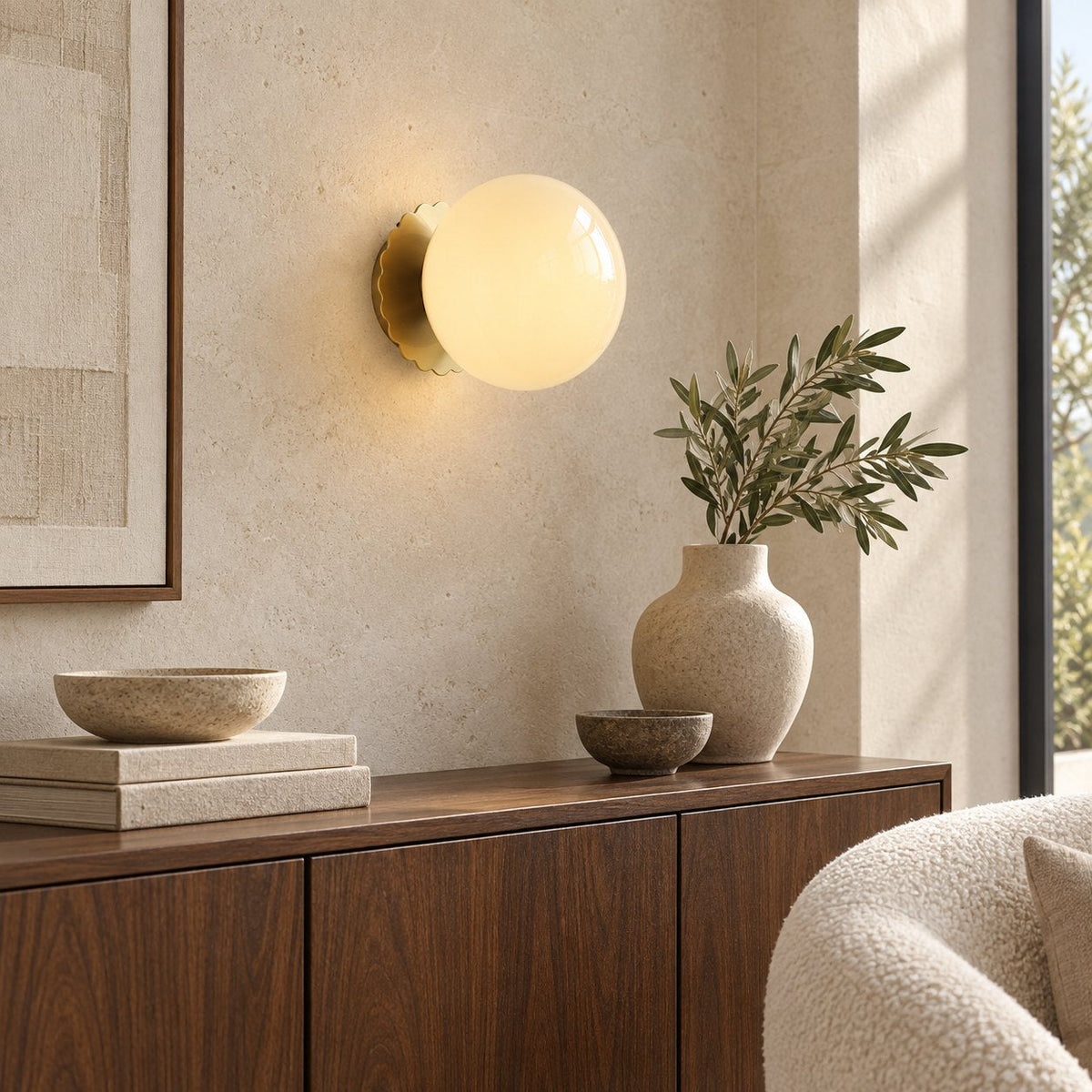Marshmallow Glass Globe Wall Sconce Scalloped Metal LED