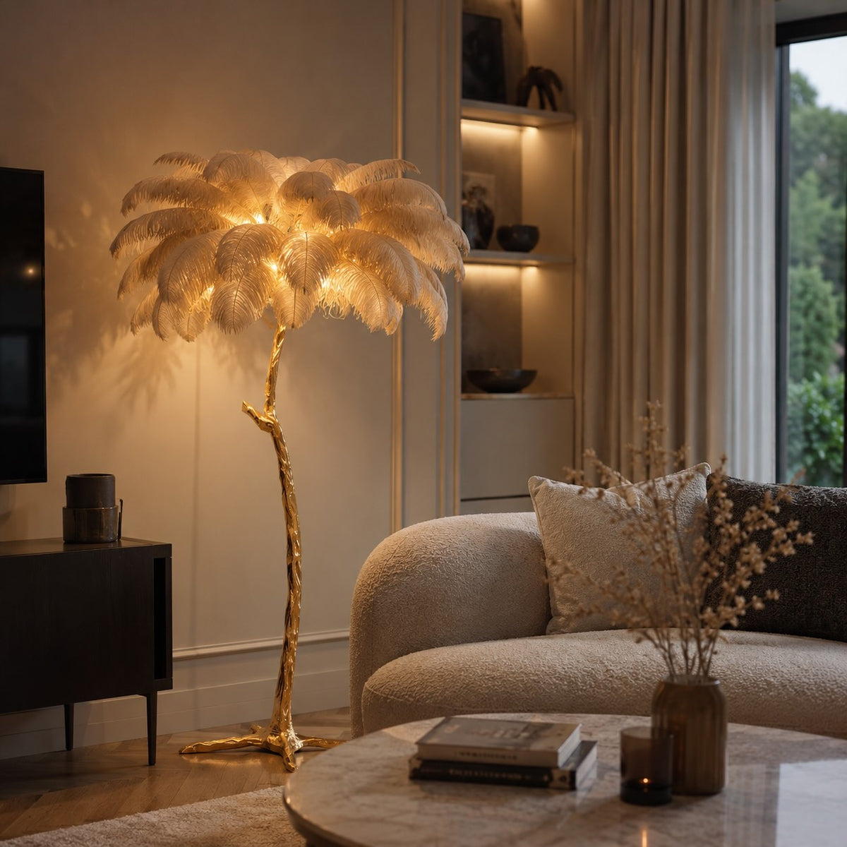Ostrich Feather Floor Lamp Copper Base Ambient LED