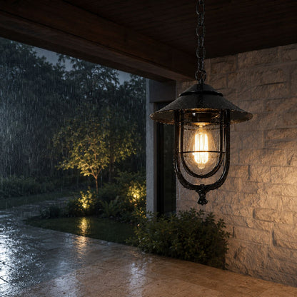 Caged Cylinder Outdoor Pendant Lantern Porch Patio Weatherproof IP65