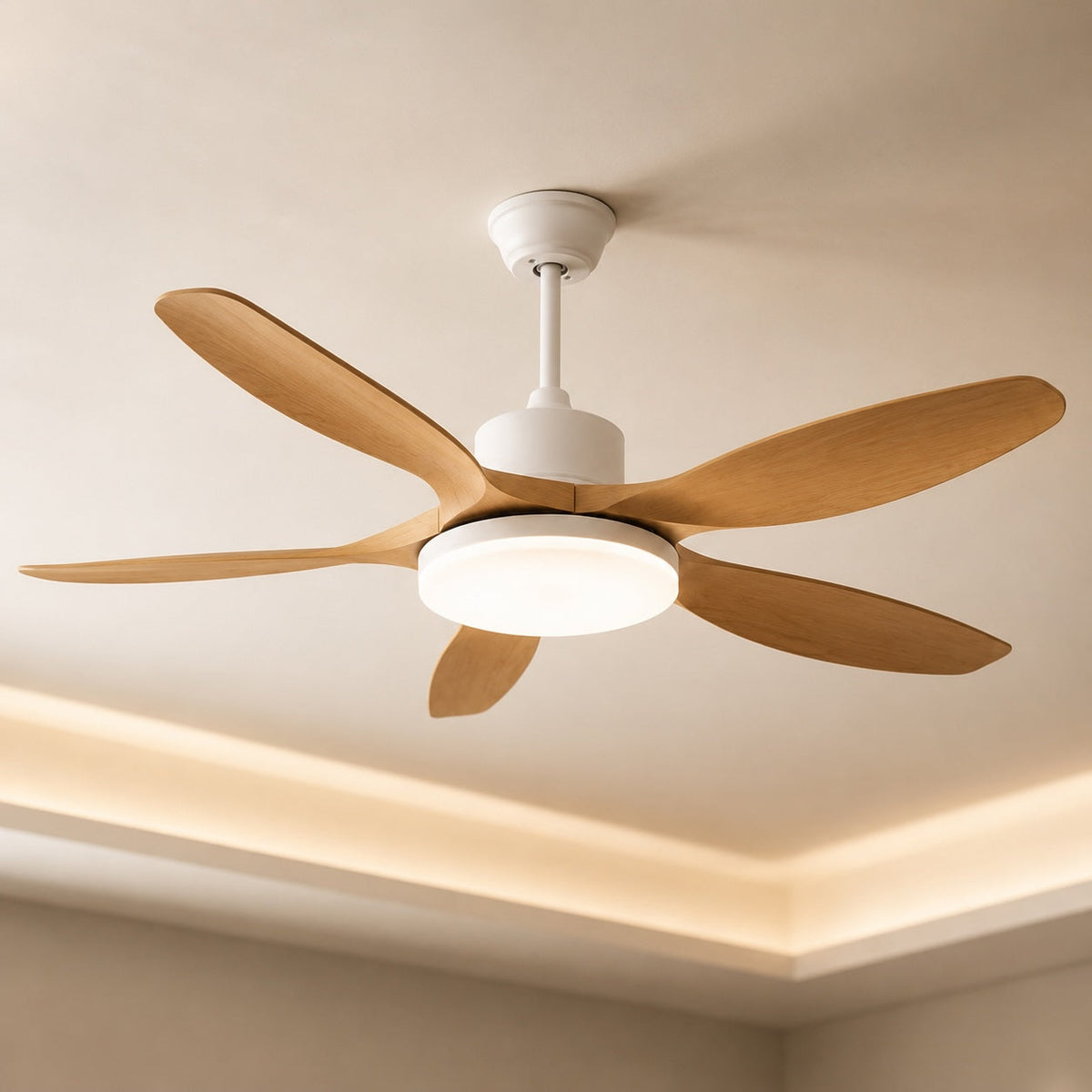 Five Blade Wood Grain DC Ceiling Fan with LED Light Tri-Colour 122 or 132 cm