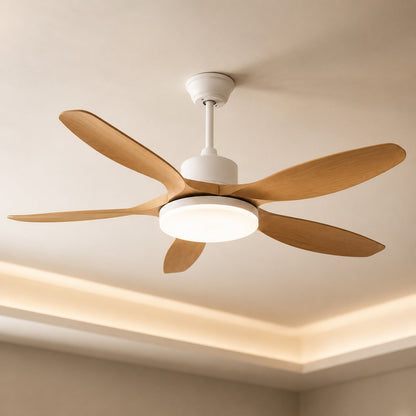 Five Blade Wood Grain DC Ceiling Fan with LED Light Tri-Colour 122 or 132 cm