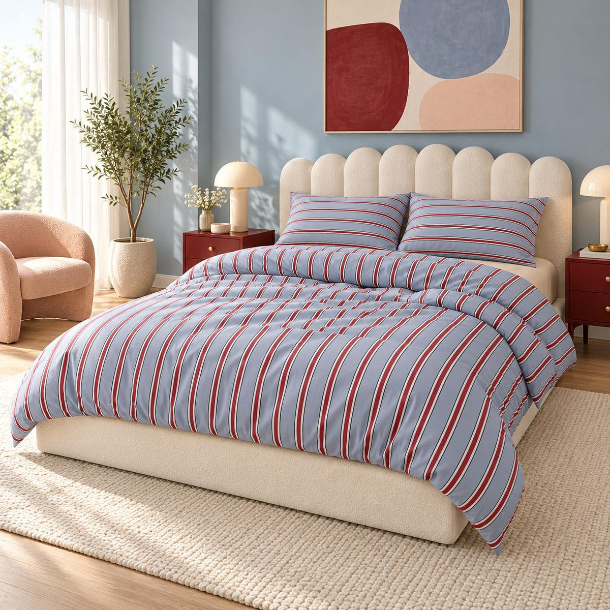 Light Blue and Red Stripe Bedding Set with Flat Sheet