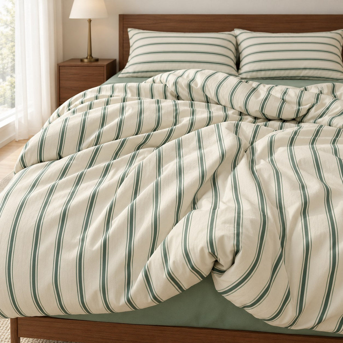 Sage Green Striped Bedding Set with Duvet Cover and Flat Sheet
