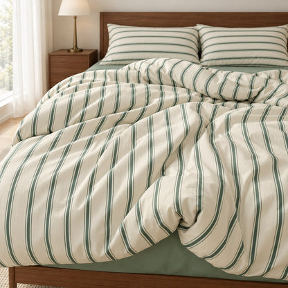 Sage Green Striped Bedding Set with Duvet Cover and Flat Sheet