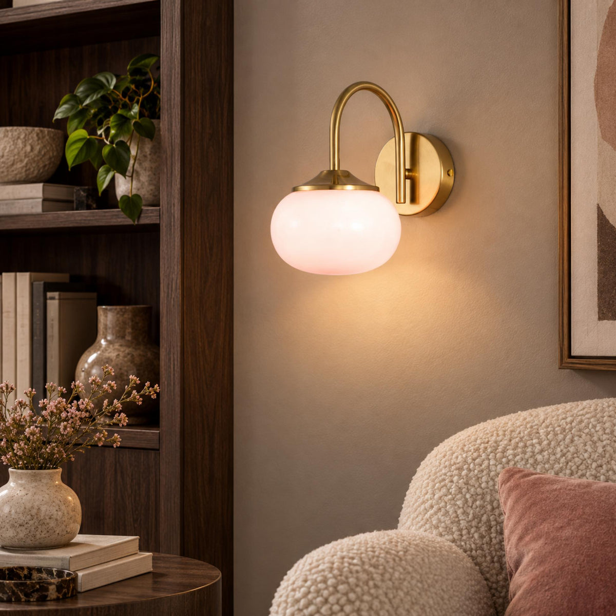 Copper Wall Light Pink Glass Shade LED Wall Sconce