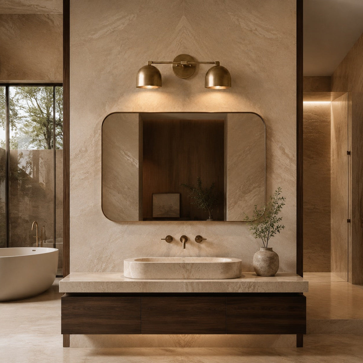 Solid Brass Double Dome Wall Sconce 46cm Vanity & Bedside Light
