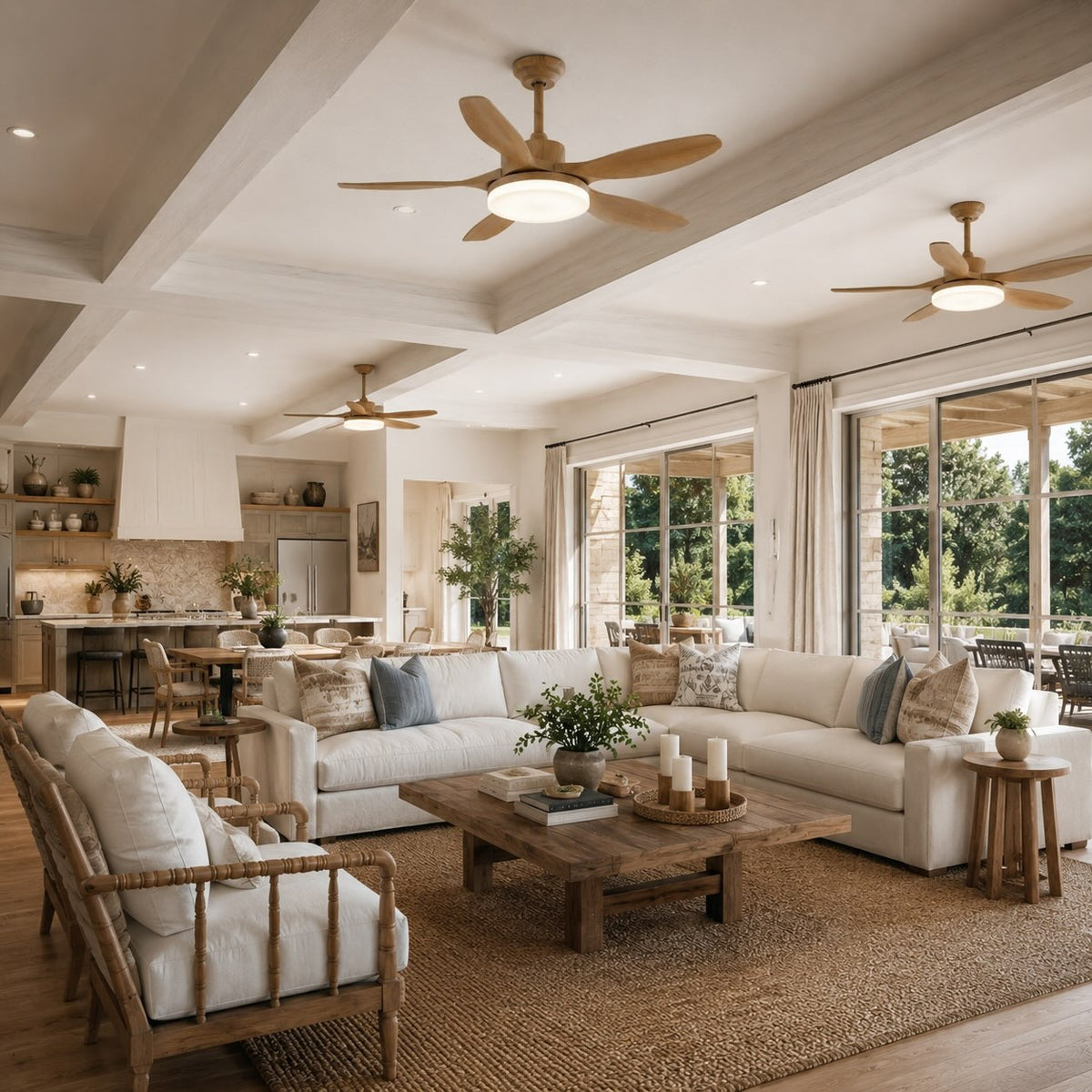 Five Blade Wood Grain DC Ceiling Fan with LED Light Tri-Colour 122 or 132 cm