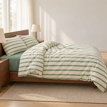 Sage Green Striped Bedding Set with Duvet Cover and Flat Sheet