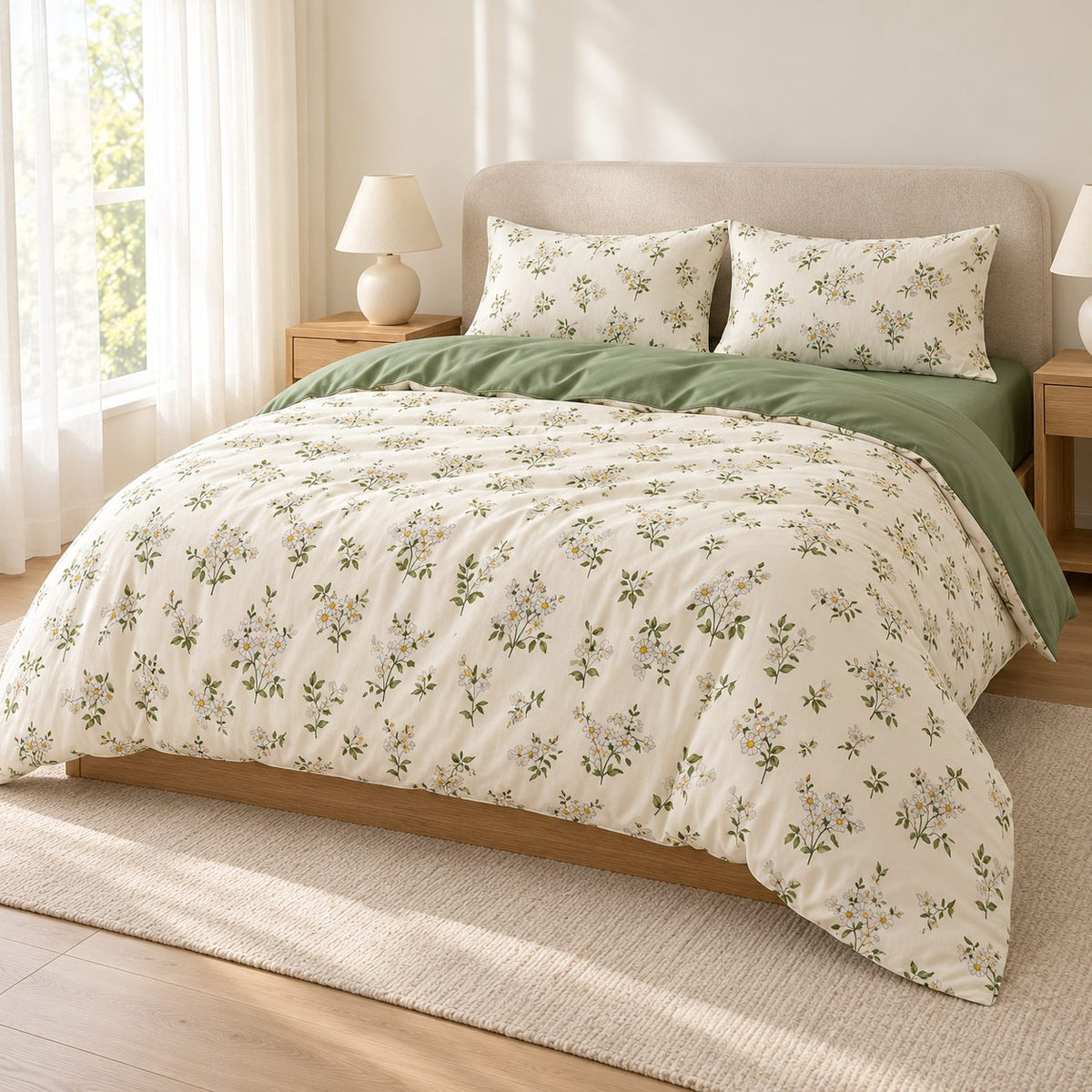 Chamomile Floral Duvet Cover Set Vintage Ivory and Sage Bedding