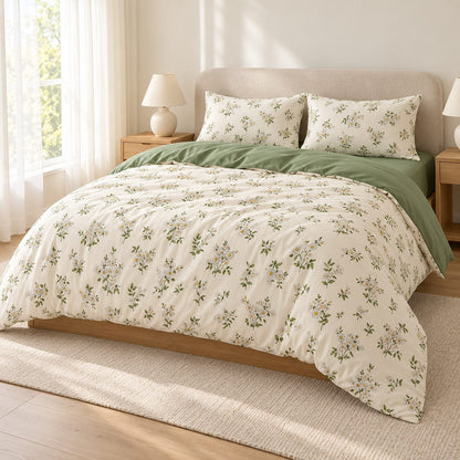Chamomile Floral Duvet Cover Set Vintage Ivory and Sage Bedding