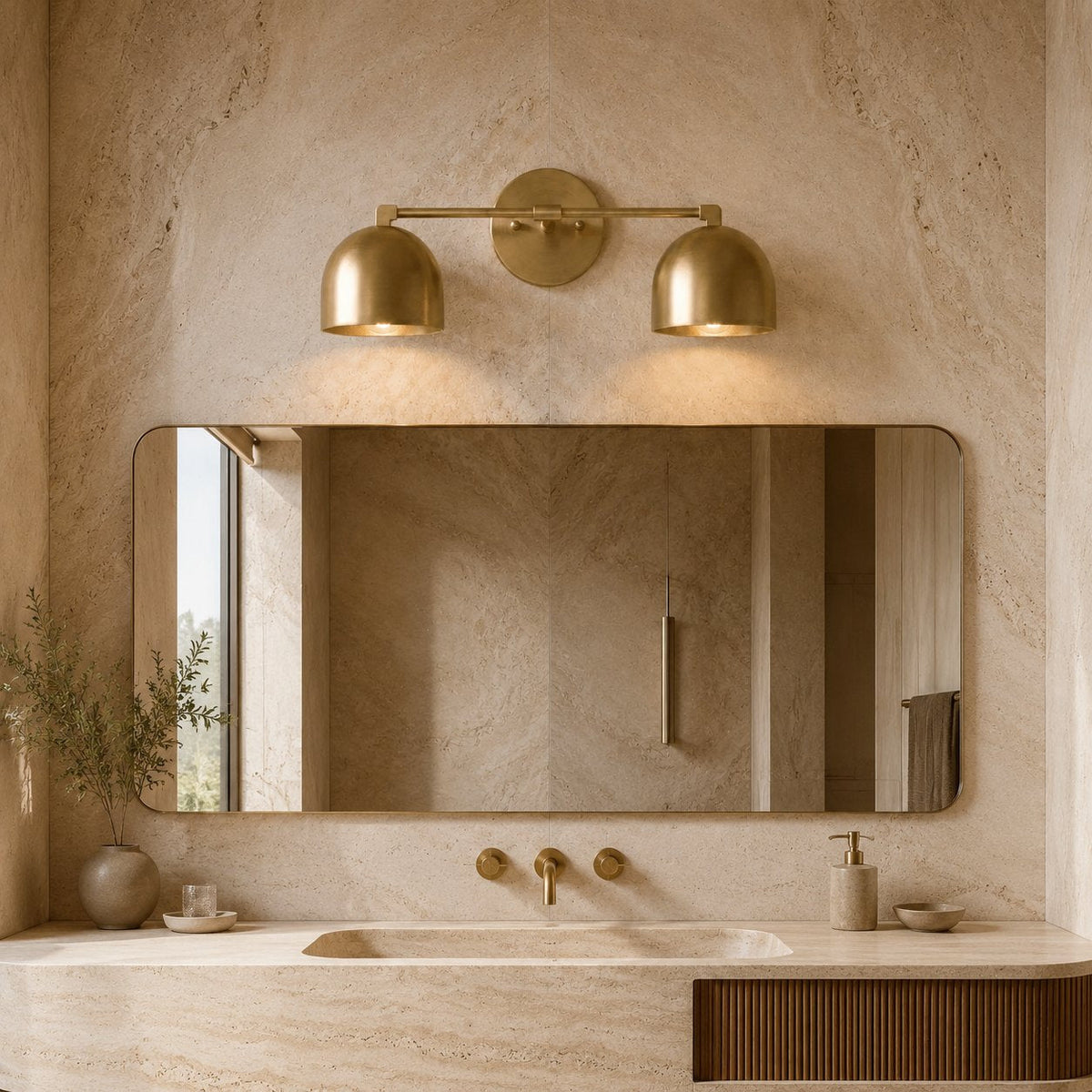 Solid Brass Double Dome Wall Sconce 46cm Vanity & Bedside Light