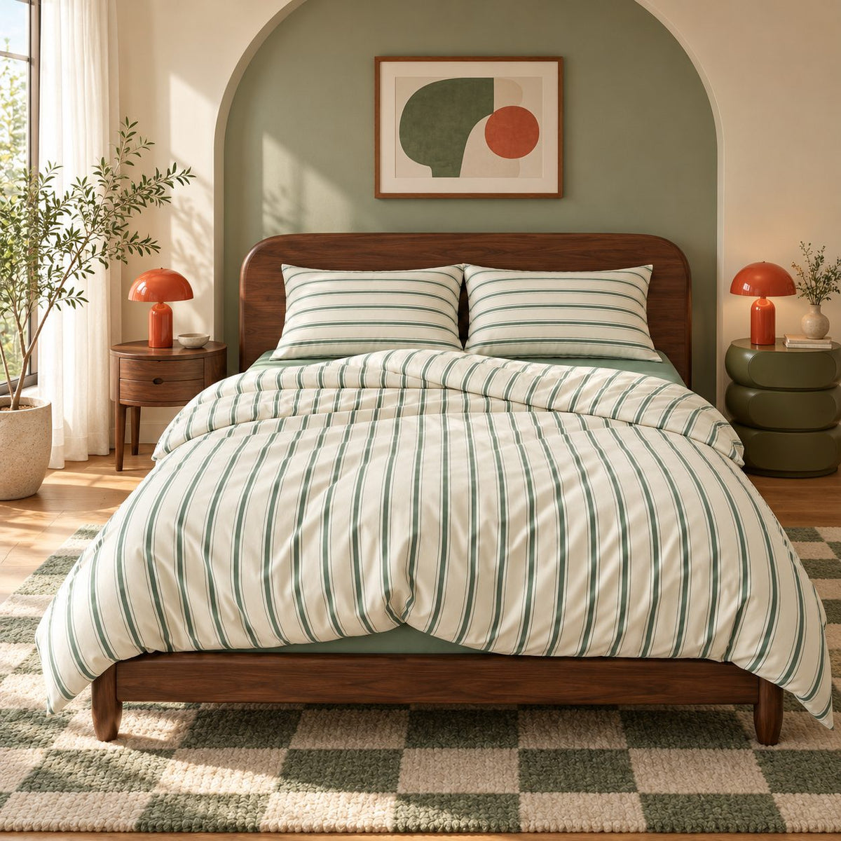 Sage Green Striped Bedding Set with Duvet Cover and Flat Sheet