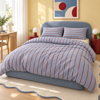 Light Blue and Red Stripe Bedding Set with Flat Sheet