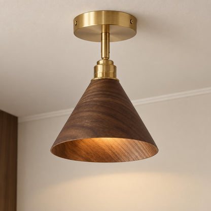 Walnut Wood Semi-Flush Ceiling Light Brushed Brass LED E27 Mid-Century