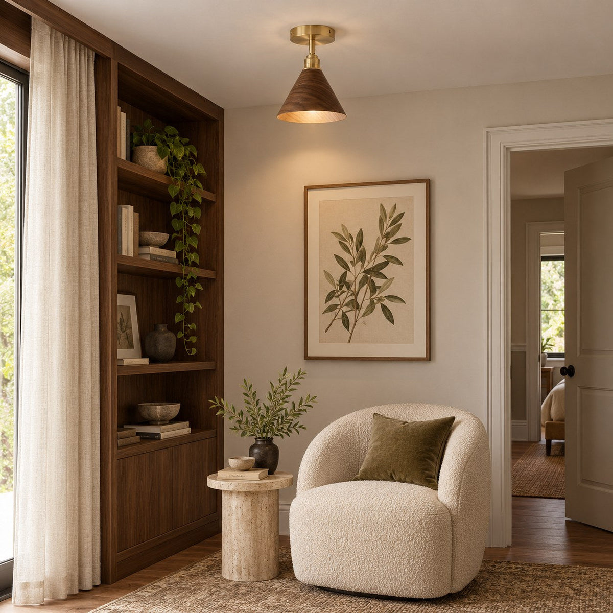 Walnut Wood Semi-Flush Ceiling Light Brushed Brass LED E27 Mid-Century