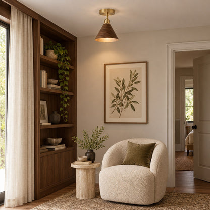 Walnut Wood Semi-Flush Ceiling Light Brushed Brass LED E27 Mid-Century