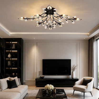 Crystal Leaf Semi-Flush Chandelier Iron 8-Light LED Antique Brass or Black