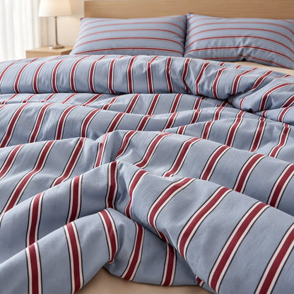 Light Blue and Red Stripe Bedding Set with Flat Sheet