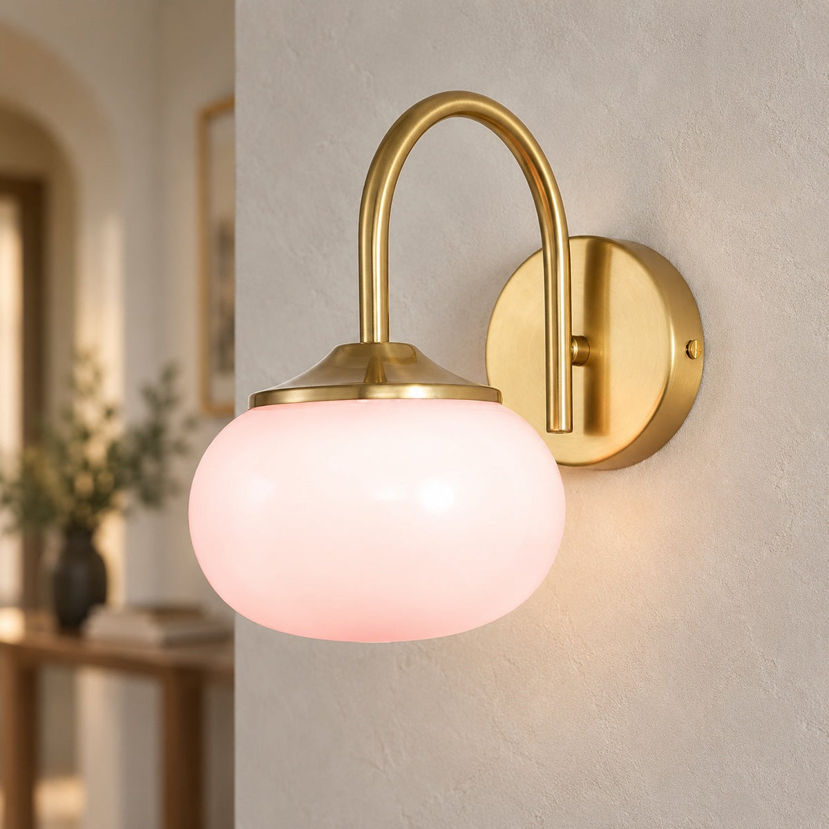 Copper Wall Light Pink Glass Shade LED Wall Sconce
