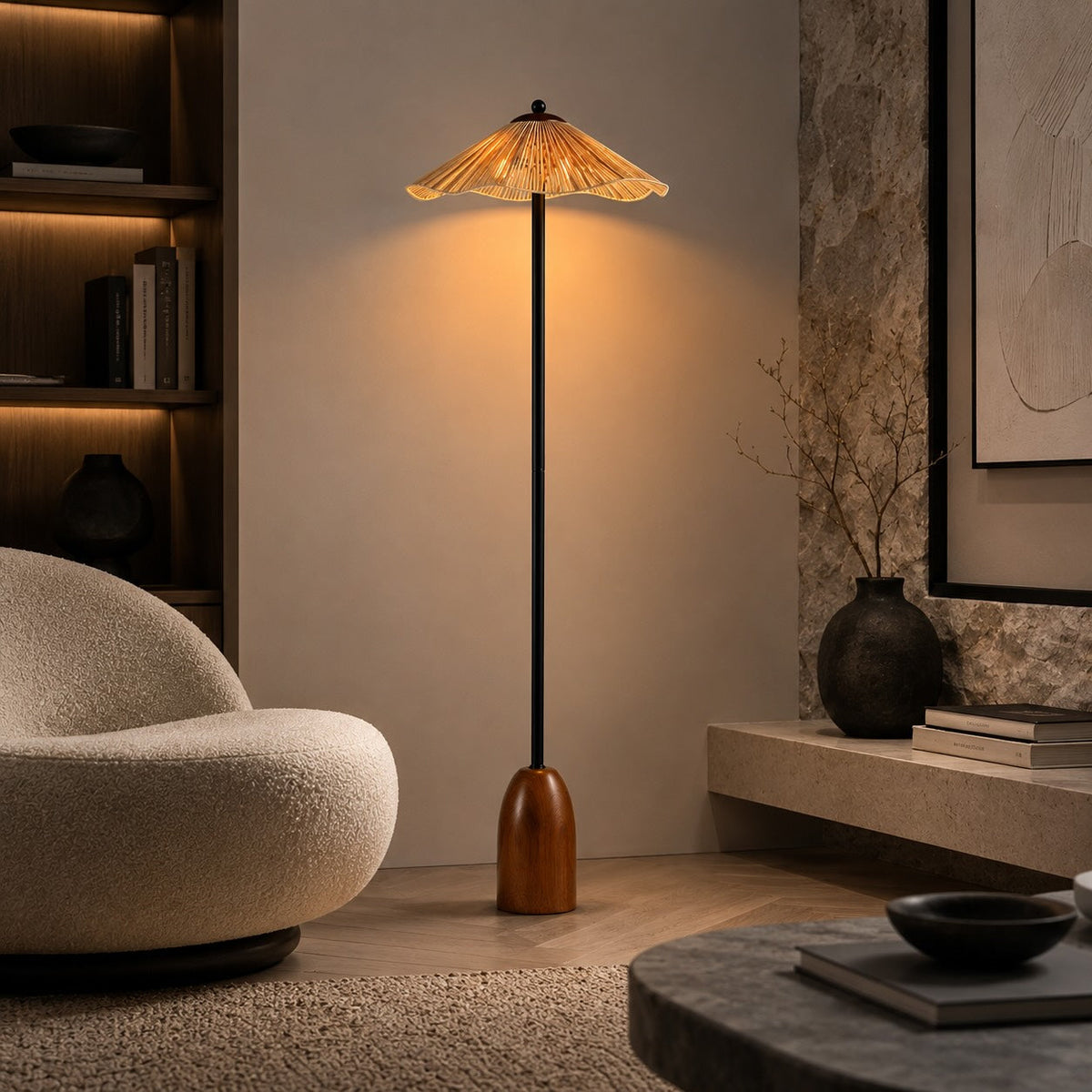 Raffia Shade Floor Lamp Walnut Base Adjustable LED