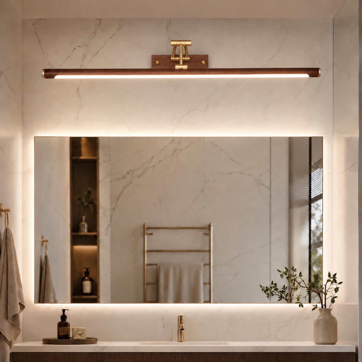 Walnut Linear Adjustable LED Wall Light Brass Arm 55cm & 70cm
